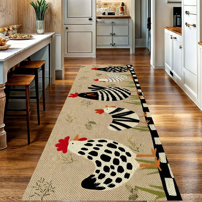 Chicken Printed Runner Rug: Farmhouse Kitchen Hallway Carpet, Non-Slip Machine-Washable