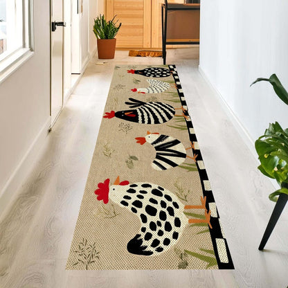 Chicken Printed Runner Rug: Farmhouse Kitchen Hallway Carpet, Non-Slip Machine-Washable