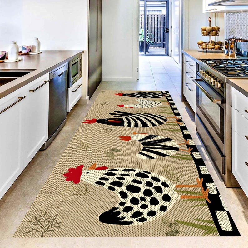 Chicken Printed Runner Rug: Farmhouse Kitchen Hallway Carpet, Non-Slip Machine-Washable