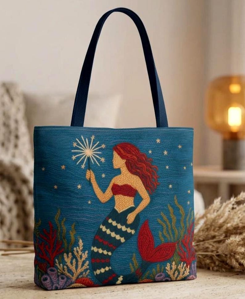 Coastal Mermaid Tote Bag Ocean Beach Bag Nautical Tote Beach House Bag Mermaid Gift Summer Tote Bag