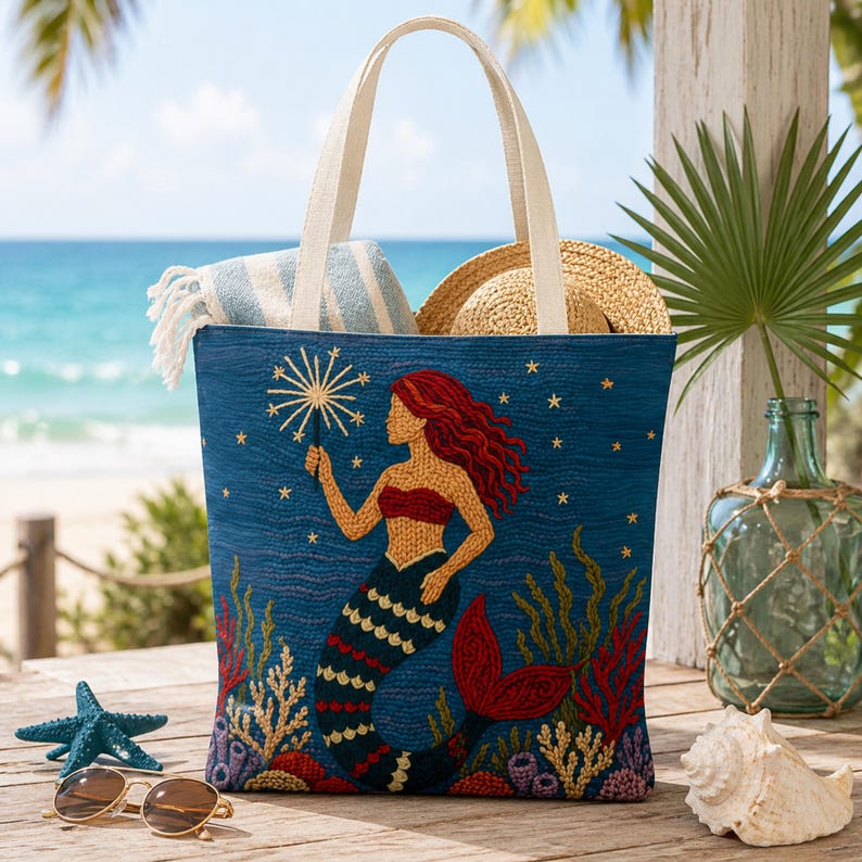 Coastal Mermaid Tote Bag Ocean Beach Bag Nautical Tote Beach House Bag Mermaid Gift Summer Tote Bag