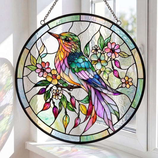 Hummingbird Stained Glass Suncatcher, Colorful Bird & Flower Window Hanging, Elegant Glass Art Decor, Nature Sun Catcher Gift
