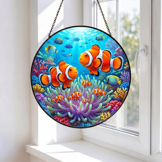 Clownfish Stained Glass Suncatcher, Ocean Coral Window Hanging, Colorful Tropical Fish Glass Art, Marine Life Sun Catcher Decor