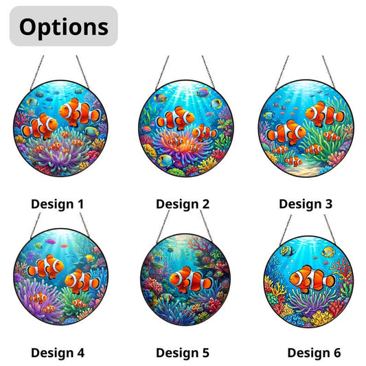 Clownfish Stained Glass Suncatcher, Ocean Coral Window Hanging, Colorful Tropical Fish Glass Art, Marine Life Sun Catcher Decor