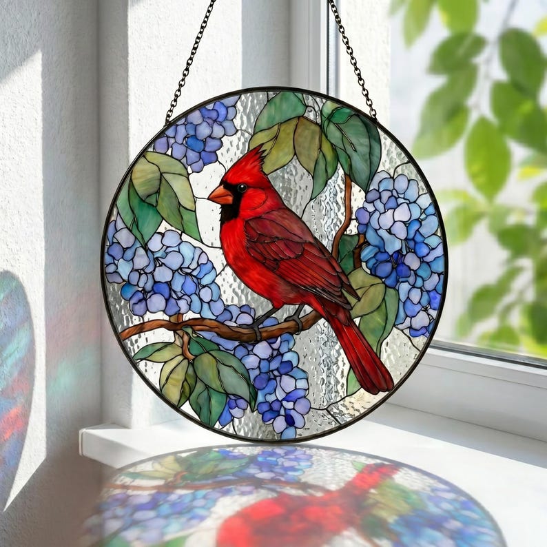 Red Cardinal Stained Glass Suncatcher, Blue Hydrangea Bird Window Hanging, Nature Lover Gift, Cardinal Memorial Decor, Garden Glass Art