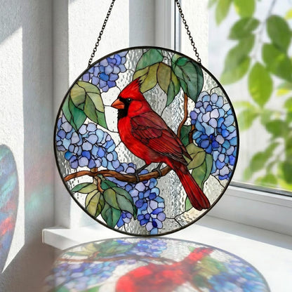 Red Cardinal Stained Glass Suncatcher, Blue Hydrangea Bird Window Hanging, Nature Lover Gift, Cardinal Memorial Decor, Garden Glass Art