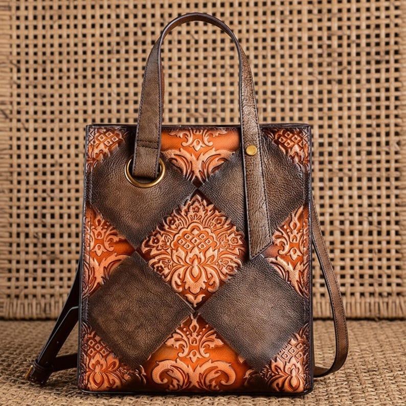 Damask Patchwork Leather Work Tote Navy Magenta Embossed Cowhide Commuter Bag Personalized Laptop Shoulder Satchel Vintage Gift for Her