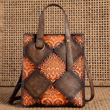 Damask Patchwork Leather Work Tote Navy Magenta Embossed Cowhide Commuter Bag Personalized Laptop Shoulder Satchel Vintage Gift for Her