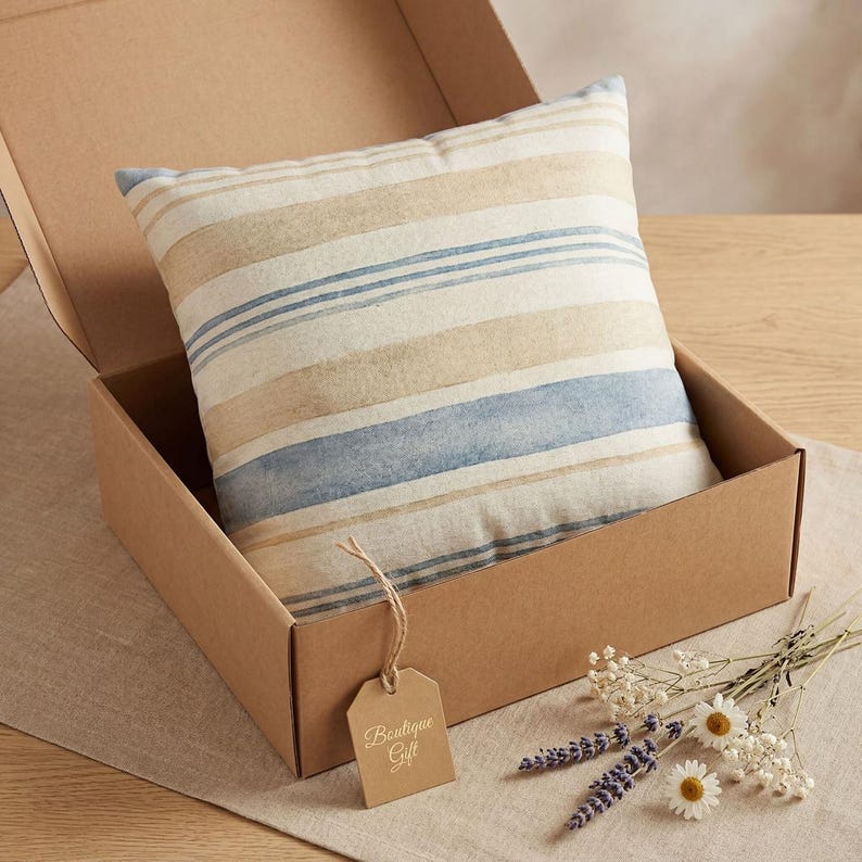 Neutral Coastal Stripe Pillow Cover, Blue Beige Farmhouse Throw Pillowcase, Lake Beach House Decor, Linen Look Cushion Case Home Accent Gift