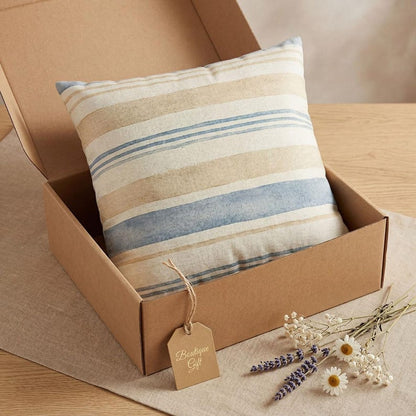 Neutral Coastal Stripe Pillow Cover, Blue Beige Farmhouse Throw Pillowcase, Lake Beach House Decor, Linen Look Cushion Case Home Accent Gift