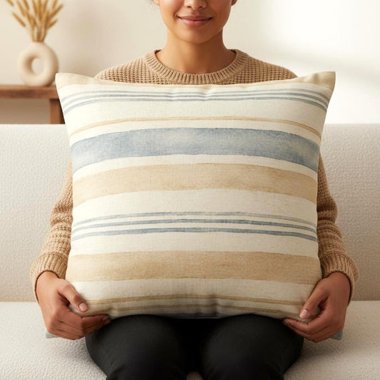 Neutral Coastal Stripe Pillow Cover, Blue Beige Farmhouse Throw Pillowcase, Lake Beach House Decor, Linen Look Cushion Case Home Accent Gift