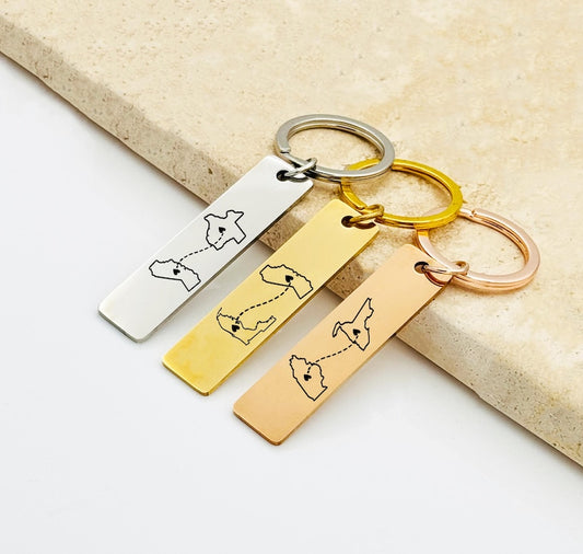 Rectangle Bar Map Keychain, Long Distance Gift, Stainless Steel Couple Keychain