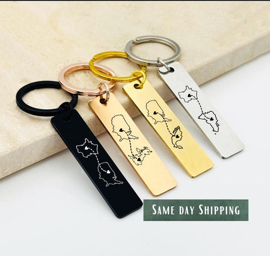 Rectangle Bar Map Keychain, Long Distance Gift, Stainless Steel Couple Keychain