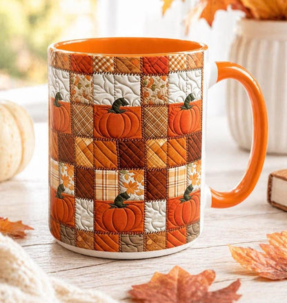 Autumn Pumpkin Mug: Rustic Faux Patchwork Thanksgiving Coffee Cup