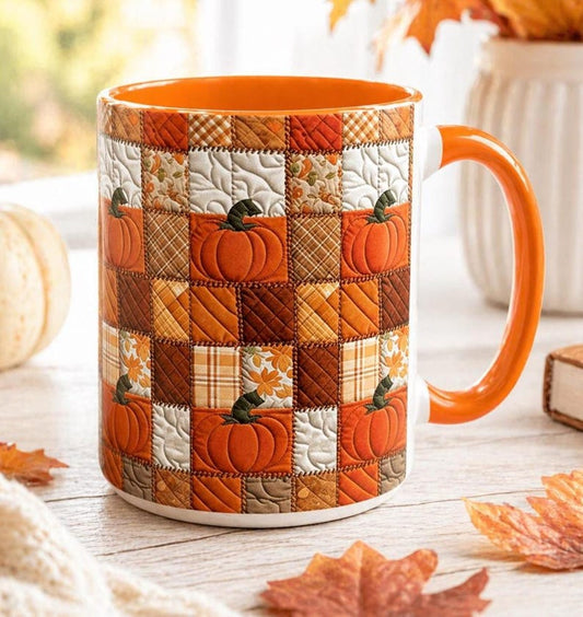 Autumn Pumpkin Mug: Rustic Faux Patchwork Thanksgiving Coffee Cup