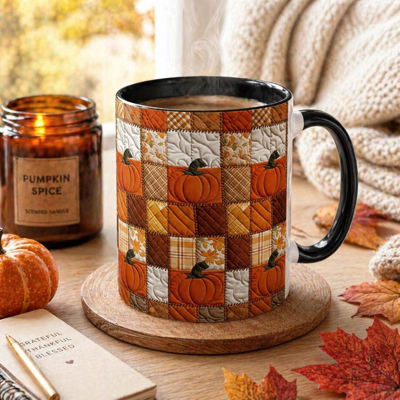 Autumn Pumpkin Mug: Rustic Faux Patchwork Thanksgiving Coffee Cup