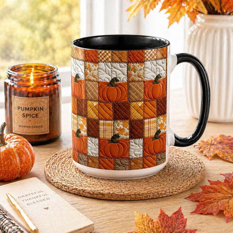 Autumn Pumpkin Mug: Rustic Faux Patchwork Thanksgiving Coffee Cup