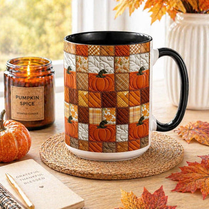 Autumn Pumpkin Mug: Rustic Faux Patchwork Thanksgiving Coffee Cup