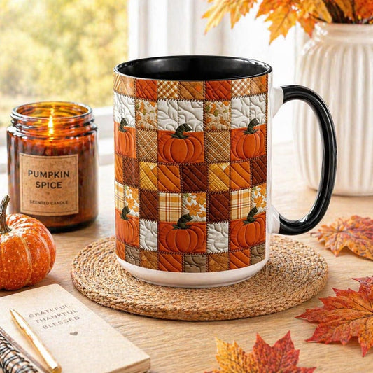 Autumn Pumpkin Mug: Rustic Faux Patchwork Thanksgiving Coffee Cup