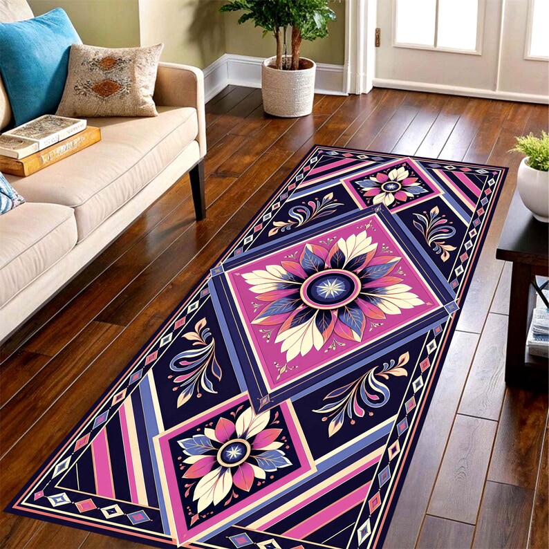 Art Deco Floral Printed Runner Rug: Navy Pink Geometric Hallway Carpet, Non-Slip Machine-Washable