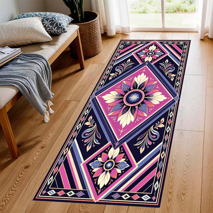Art Deco Floral Printed Runner Rug: Navy Pink Geometric Hallway Carpet, Non-Slip Machine-Washable