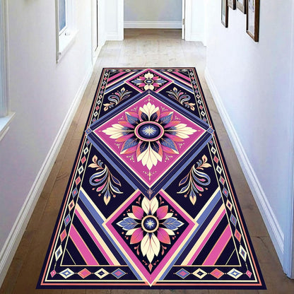 Art Deco Floral Printed Runner Rug: Navy Pink Geometric Hallway Carpet, Non-Slip Machine-Washable
