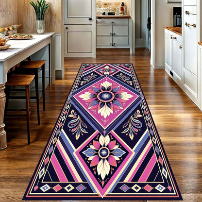 Art Deco Floral Printed Runner Rug: Navy Pink Geometric Hallway Carpet, Non-Slip Machine-Washable