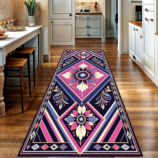 Art Deco Floral Printed Runner Rug: Navy Pink Geometric Hallway Carpet, Non-Slip Machine-Washable