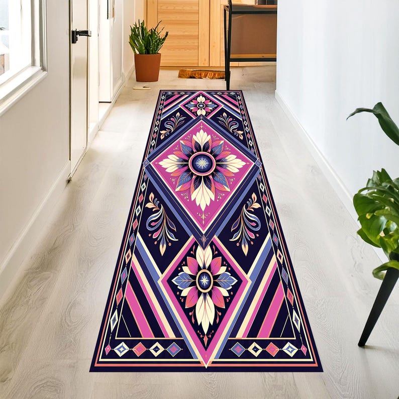 Art Deco Floral Printed Runner Rug: Navy Pink Geometric Hallway Carpet, Non-Slip Machine-Washable