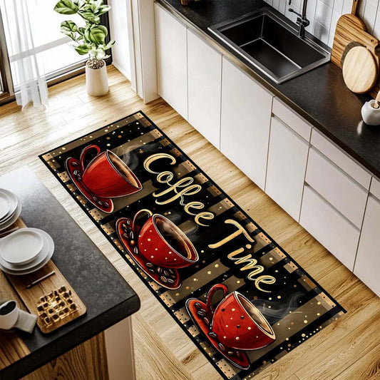 Coffee Time Runner Rug: Red Cup Kitchen Carpet, Non-Slip Machine-Washable