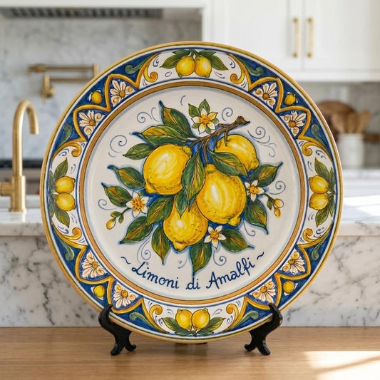 Amalfi Inspired Ceramic Display Plate, Classic Italian Blue Scroll and Yellow Citrus Wall Decor