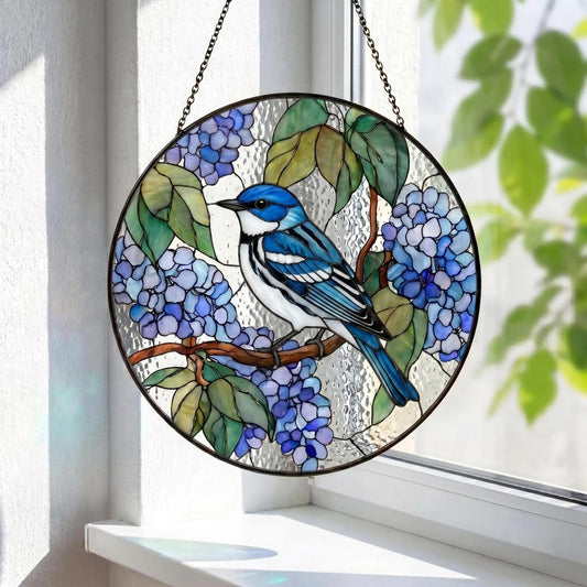 Blue Bird Stained Glass Suncatcher, Hydrangea Flower Window Hanging, Nature Inspired Glass Art, Garden Decor Gift