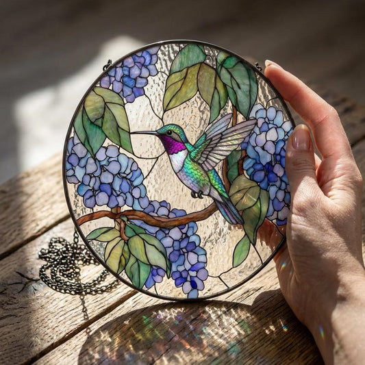 Hummingbird Stained Glass Suncatcher, Hydrangea Flower Window Hanging, Colorful Bird Glass Art, Nature Garden Decor Gift