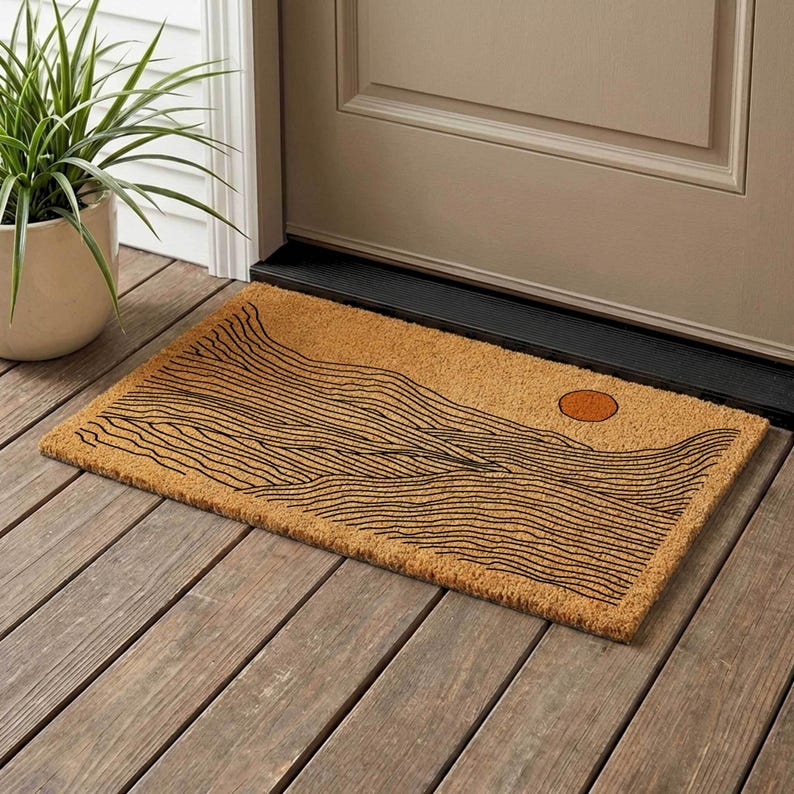 Abstract Landscape Coir Welcome Mat, Minimalist Line Art