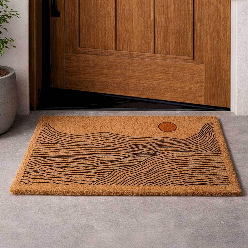 Abstract Landscape Coir Welcome Mat, Minimalist Line Art