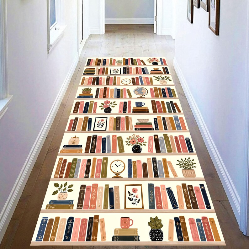 Bookshelf Runner Rug: Library Books Hallway Carpet, Non-Slip Machine-Washable