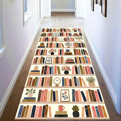 Bookshelf Runner Rug: Library Books Hallway Carpet, Non-Slip Machine-Washable