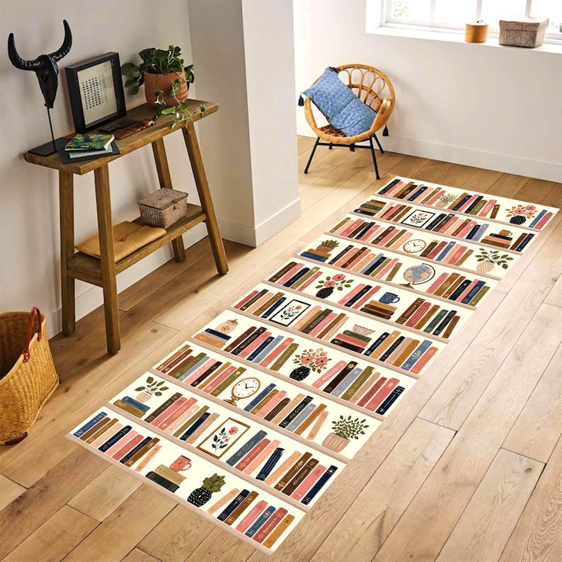 Bookshelf Runner Rug: Library Books Hallway Carpet, Non-Slip Machine-Washable