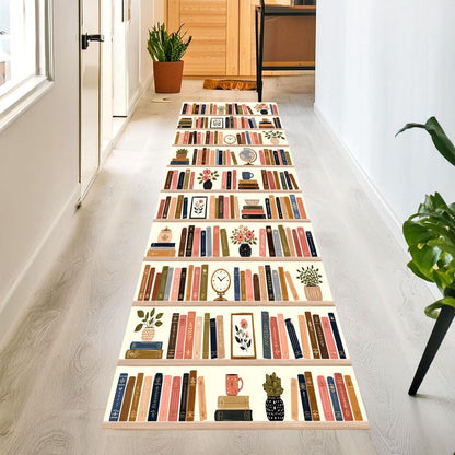 Bookshelf Runner Rug: Library Books Hallway Carpet, Non-Slip Machine-Washable