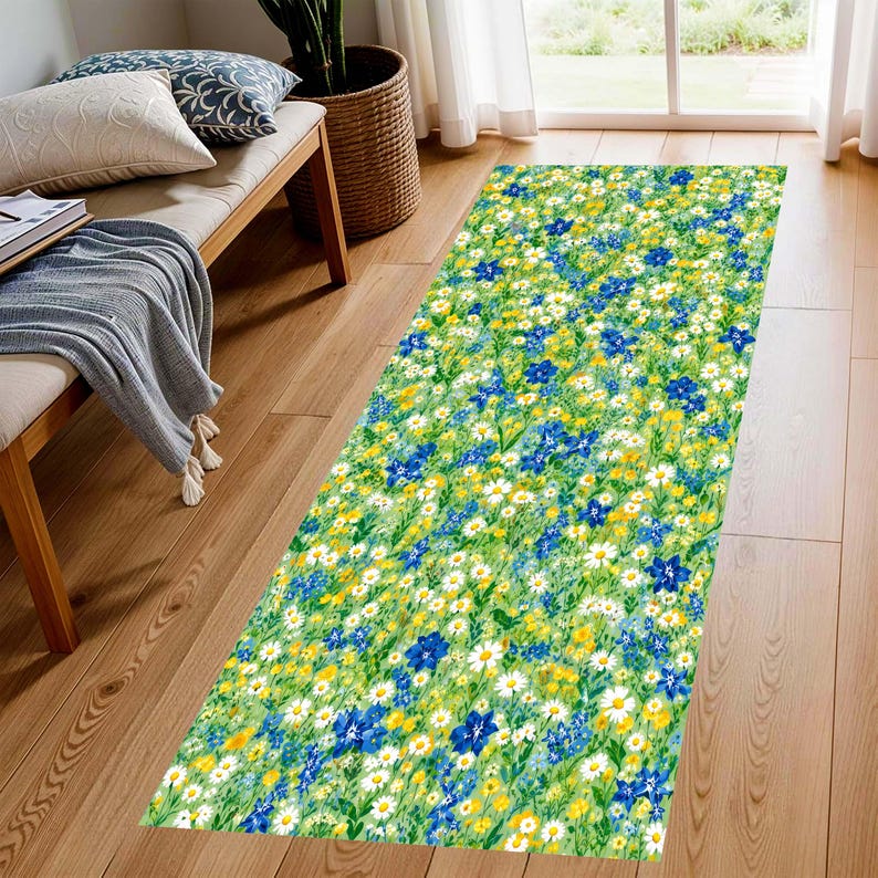 Wildflower Runner Rug: Daisy Meadow Carpet, Non-Slip Machine-Washable