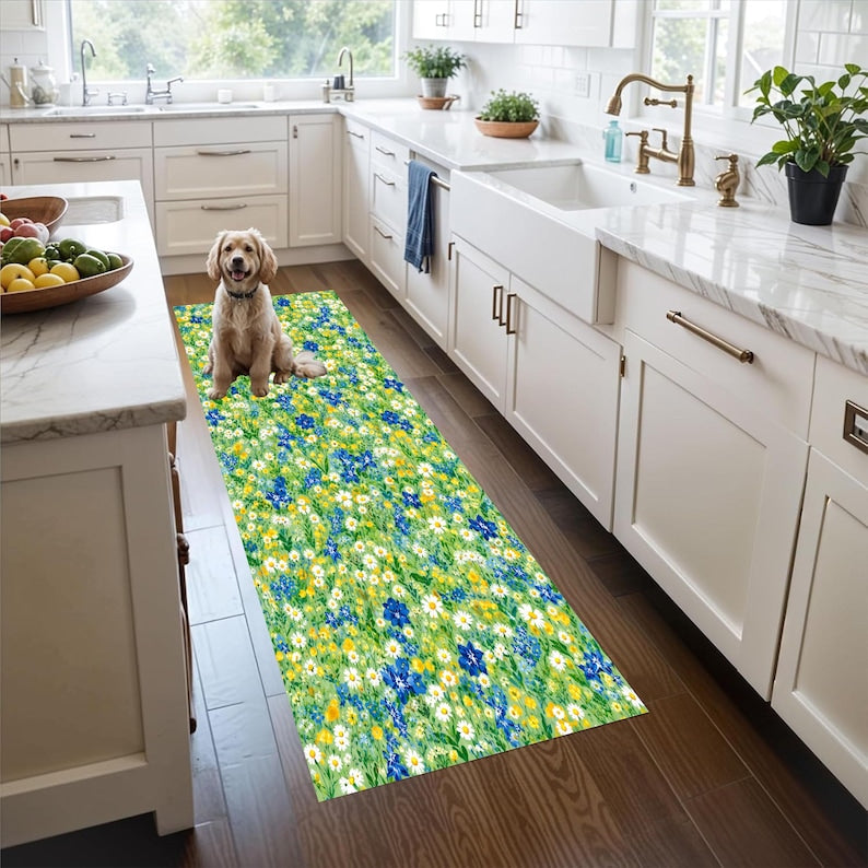 Wildflower Runner Rug: Daisy Meadow Carpet, Non-Slip Machine-Washable
