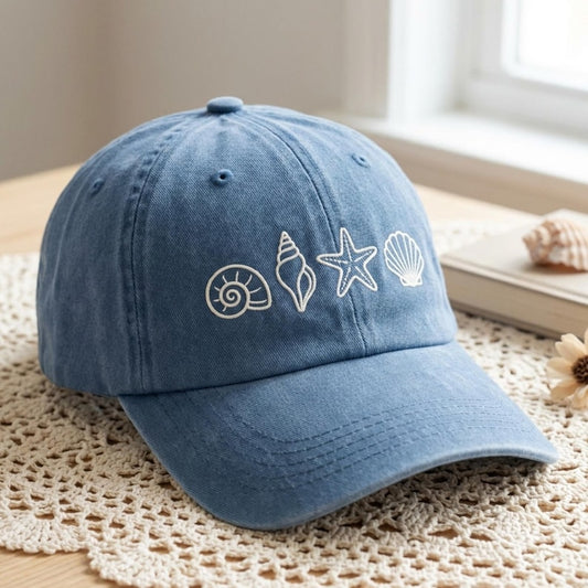 Embroidered Sea Shell Washed Cotton Hat, Beach Trucker Cap