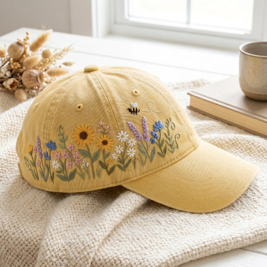 Hand Embroidered Daisy Floral Baseball Cap, Washed Cotton Summer Hat