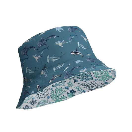 Reversible Shark Bucket Hat, Coastal Coral Sun Hat, Ocean Fishing Bucket Hat, Beach Hat for Men Women, Sea Life Summer Hat