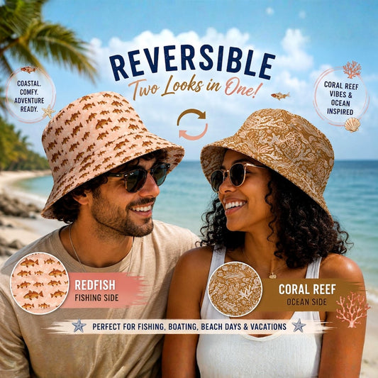 Reversible Redfish Bucket Hat, Coastal Fishing Hat, Beach Fisherman Sun Hat, Coral Reef Bucket Hat, Florida Fishing Gift, Unisex Beach Hat