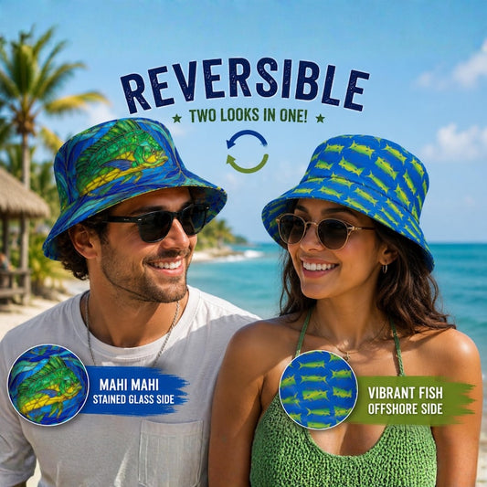 Mahi Mahi Bucket Hat, Reversible Fishing Hat, Dolphin Fish Hat, Coastal Bucket Hat, Tropical Fisherman Hat, Stained Glass Fish Art
