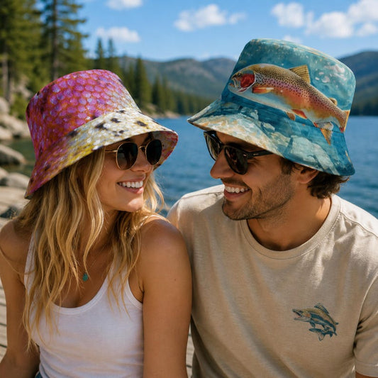 Rainbow Trout Reversible Bucket Hat, Fishing Bucket Hat, Coastal Fisherman Hat, Trout Fishing Gift, Beach Bucket Hat, Outdoor Sun Hat