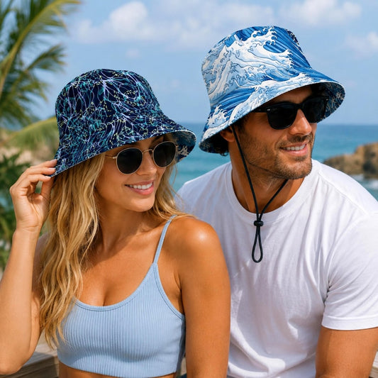 Reversible Bucket Hat Ocean Wave Hat Coastal Beach Hat Japanese Wave Hat Jellyfish Bucket Hat Summer Beachwear Vacation Hat Lucky Levi