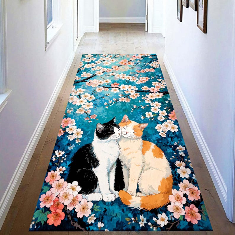 Two Cat Cherry Blossom Runner Rug: Teal Floral Hallway Carpet, Machine-Washable Non-Slip