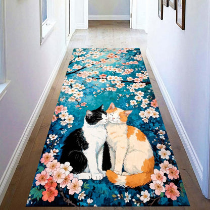 Two Cat Cherry Blossom Runner Rug: Teal Floral Hallway Carpet, Machine-Washable Non-Slip